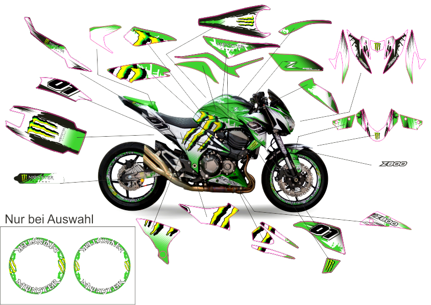 Motorradaufkleber / Bikedekore / Wheelskinzz KawasakiZ800Monster